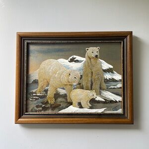 Vintage Woven Silk Foil Polar Bear Wildlife Art Custom Frame Foilograph Metallic